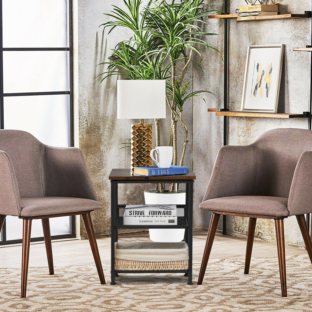 3-Tier Industrial End Table with Mesh Shelves - Adjustable
