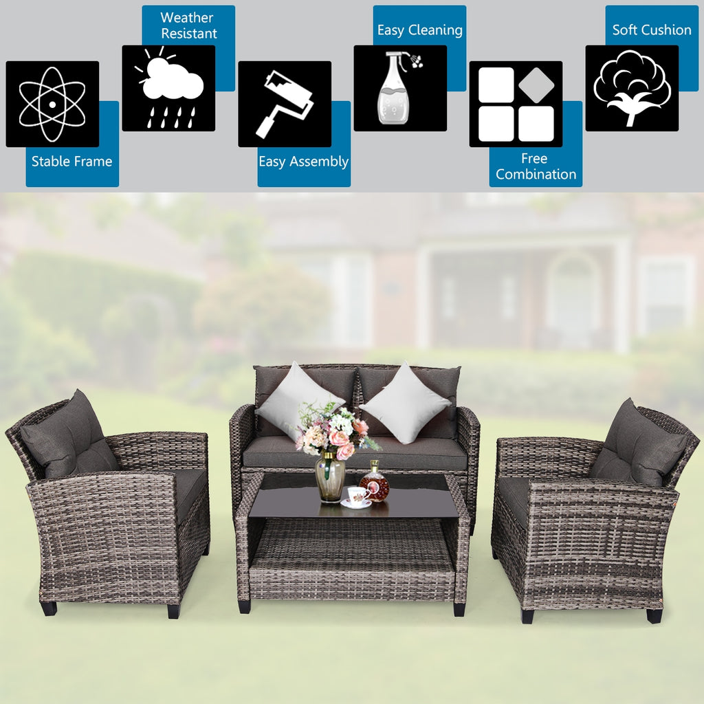 4-Piece Patio Rattan Furniture Set with Loveseat, Sofas & Coffee Table - Gray