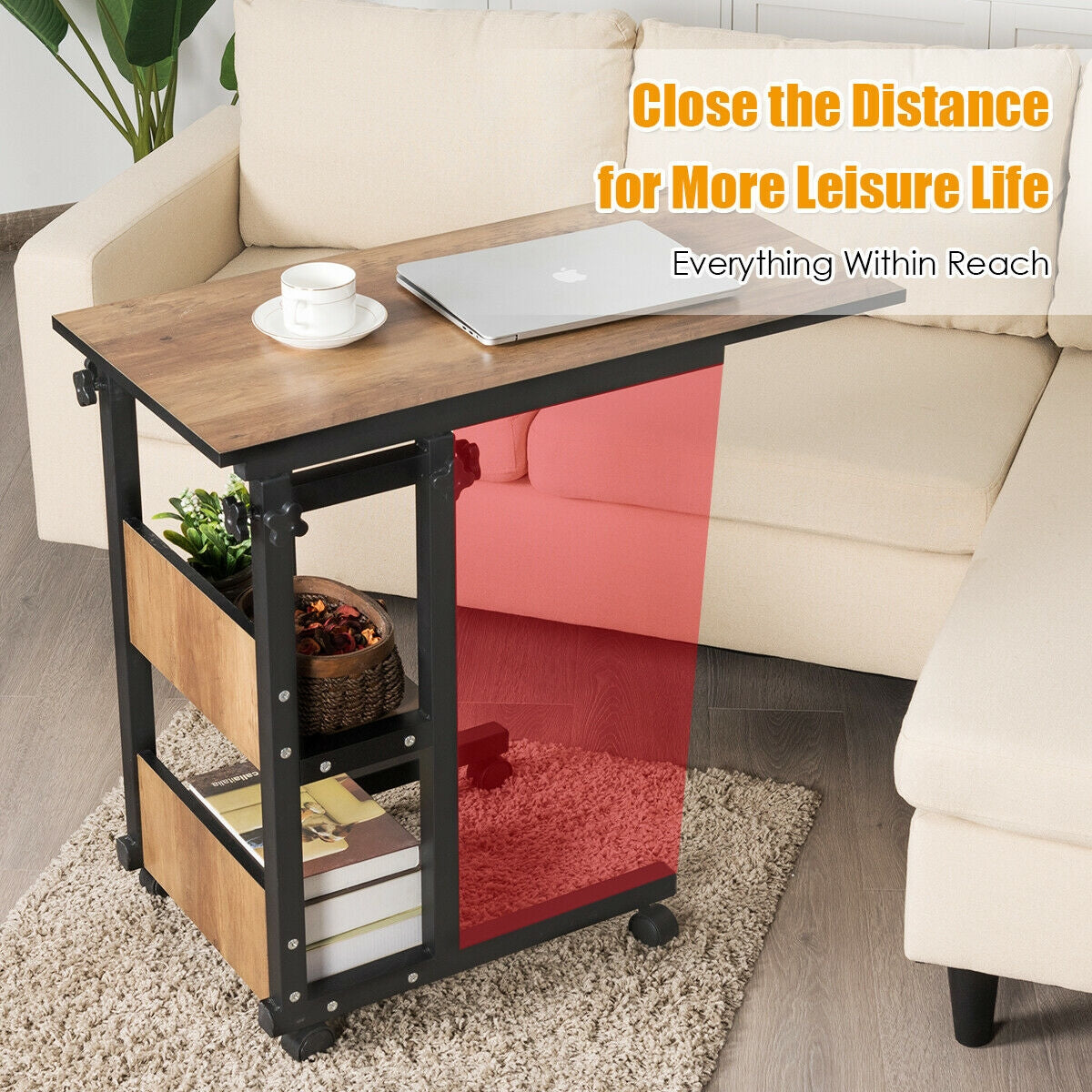 C-Shape Mobile End Table with Storage Shelves