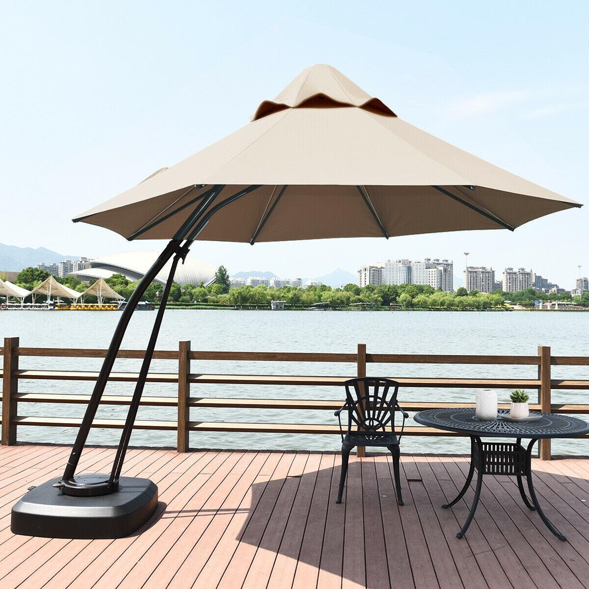 11 Feet Outdoor Cantilever Hanging Umbrella with Base and Wheels