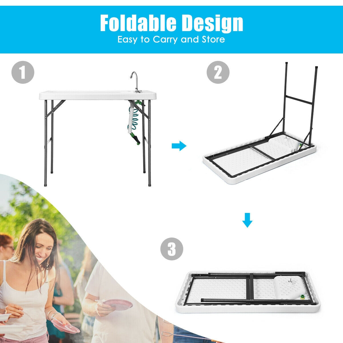 Folding Camping Sink Table with Faucet & Sprayer