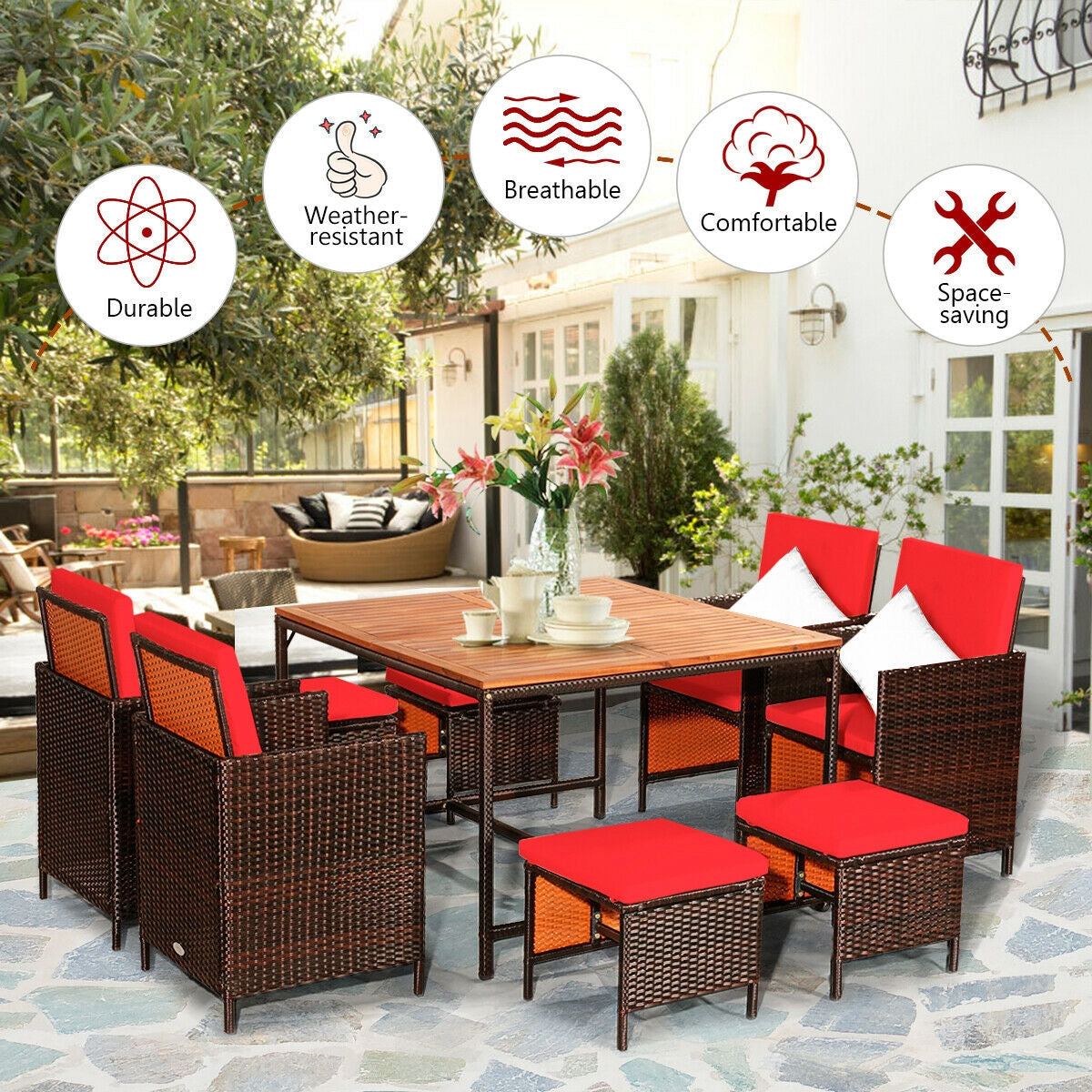 9 Pieces Patio Rattan Dining Cushioned Chairs Set