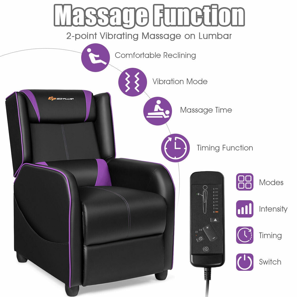 Gaming Recliner Chair with Massage & Footrest - Purple
