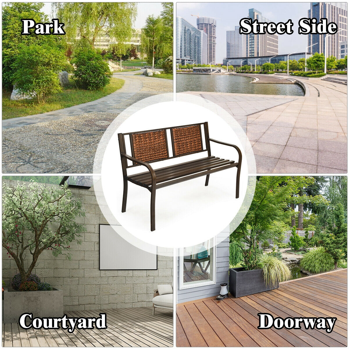 Patio Garden Bench with PE Rattan & Steel Frame - Style 2