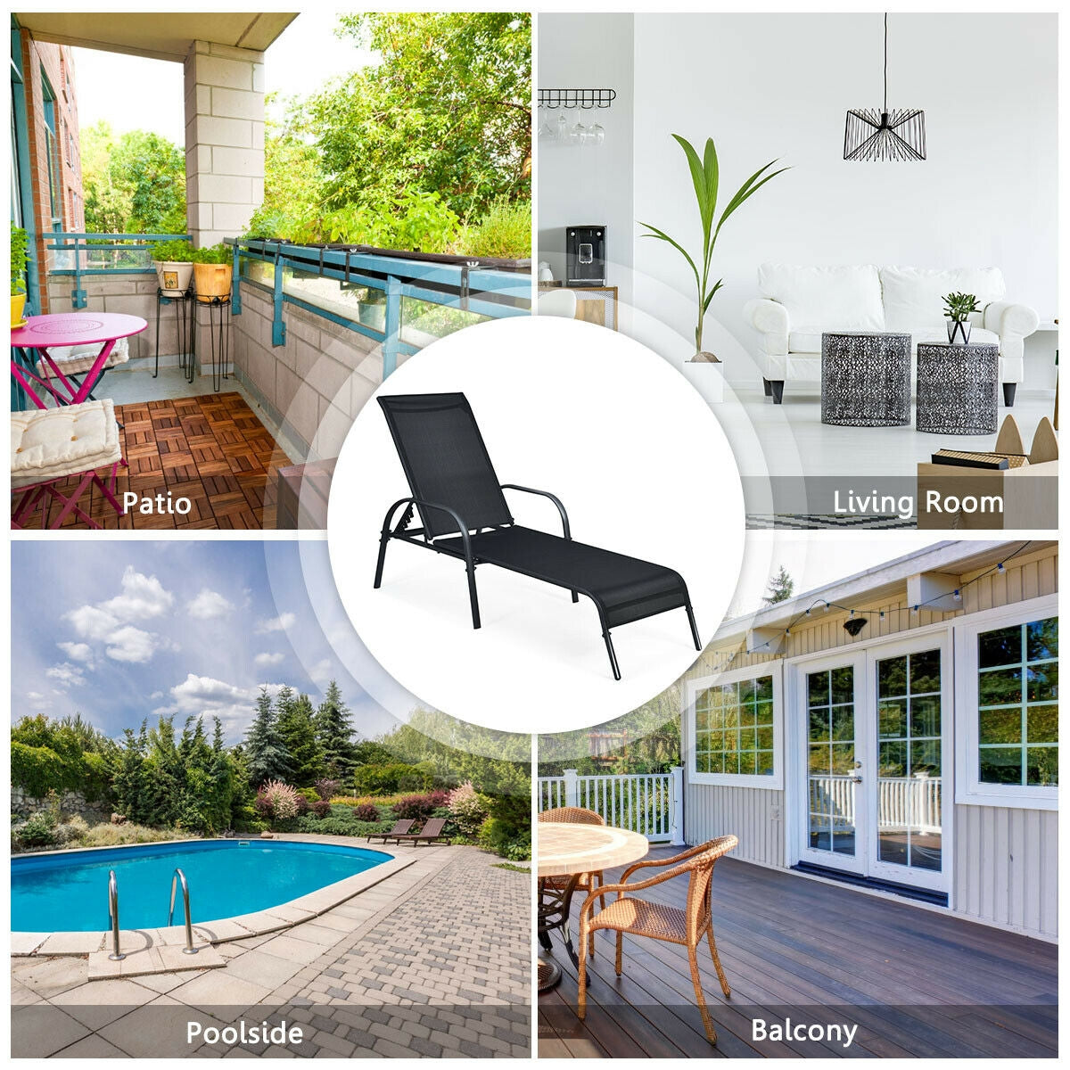 Adjustable Patio Chaise Lounge Chair with Backrest - Black