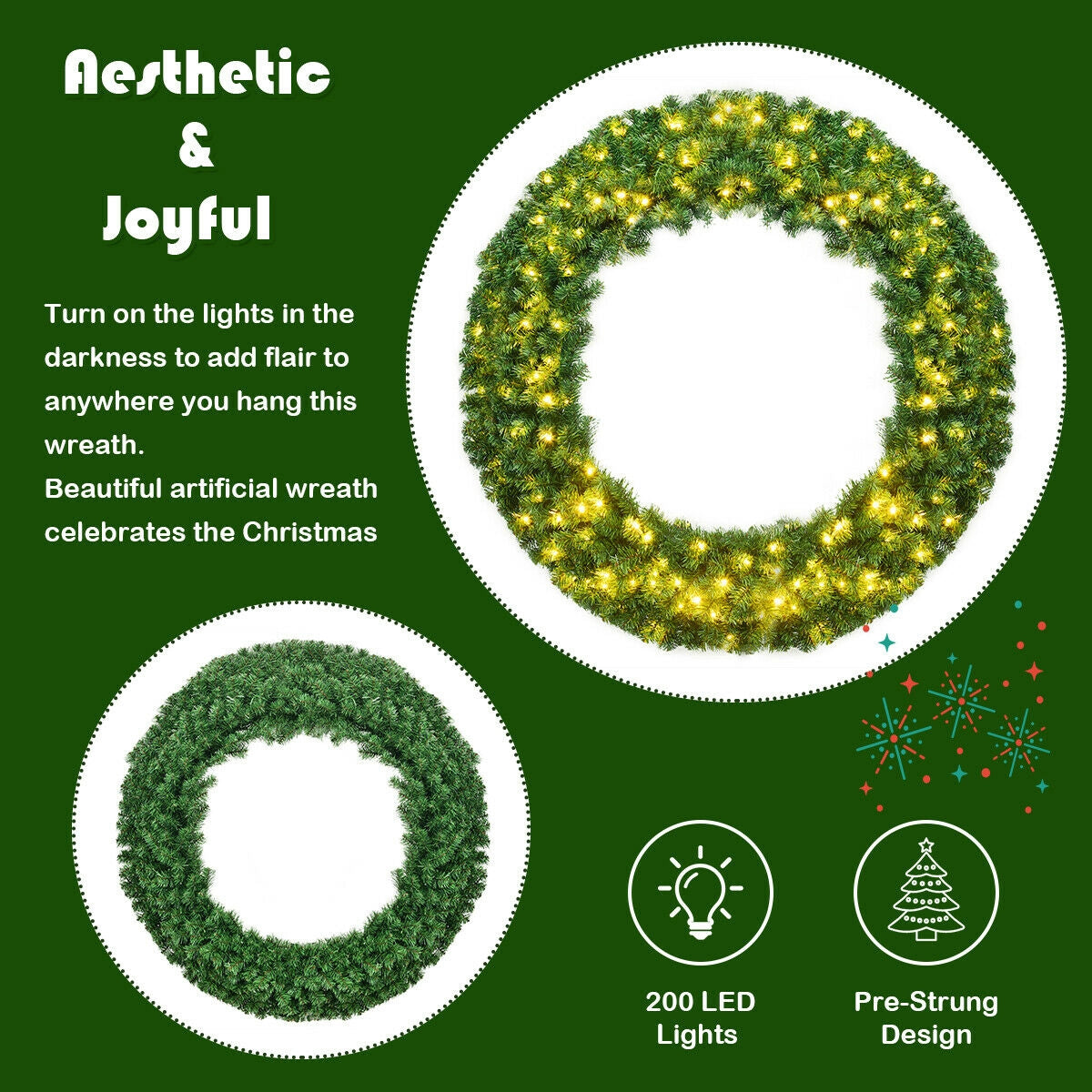 48 Inch Pre-lit Artificial Christmas Wreath with LED Lights - Full Lush Design