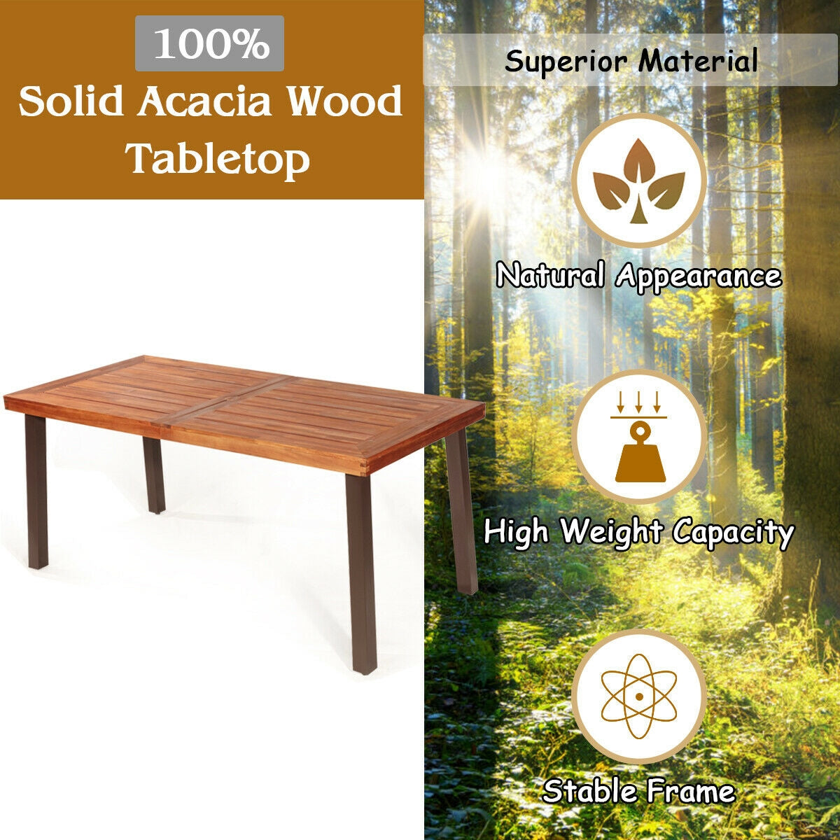 Acacia Wood Dining Table 67.5" x 32" with Umbrella Hole