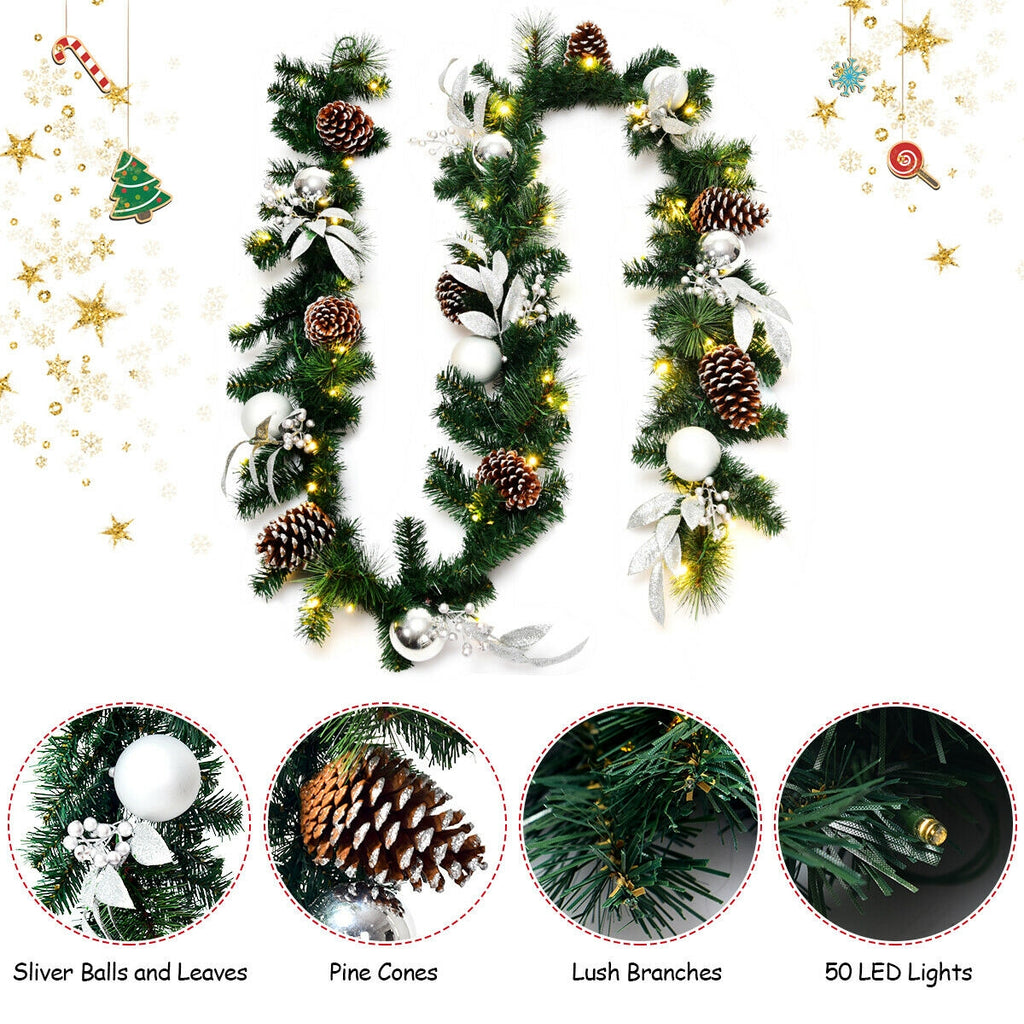 Silver Leaf 9ft Pre-Lit Artificial Christmas Garland with LED Lights