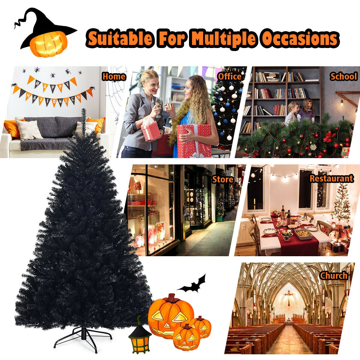 Hinged Artificial Halloween Christmas Tree - 6 Feet Black Holiday Tree