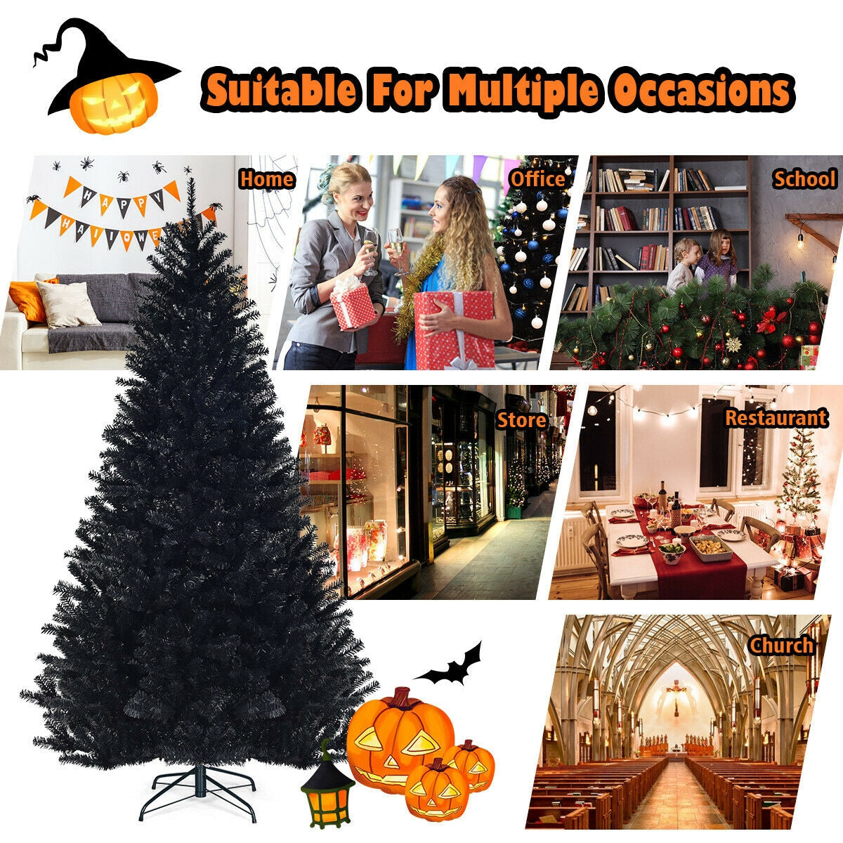 Hinged Artificial Christmas Tree - 7.5 Feet Black Holiday Tree with 1258 Tips
