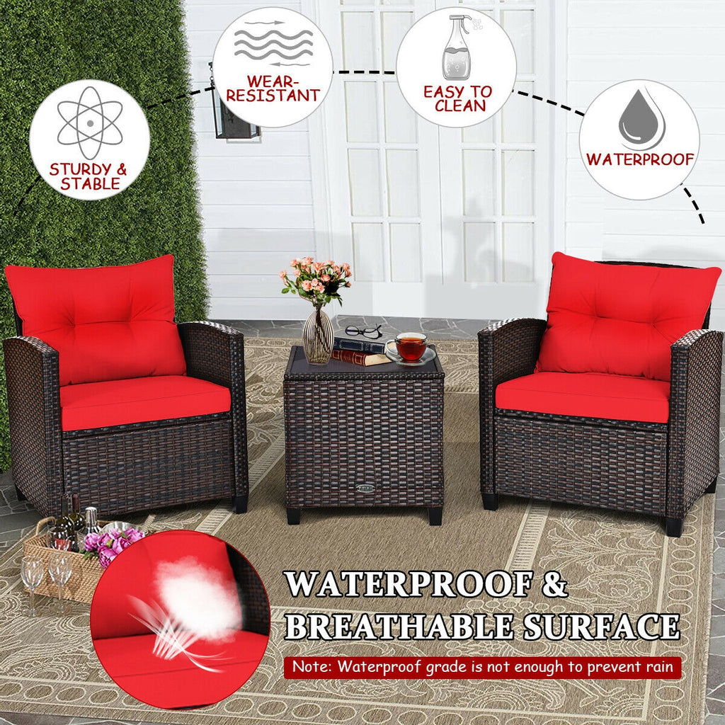 3-Piece Rattan Patio Furniture Set, Brown Rattan, Red Cushions
