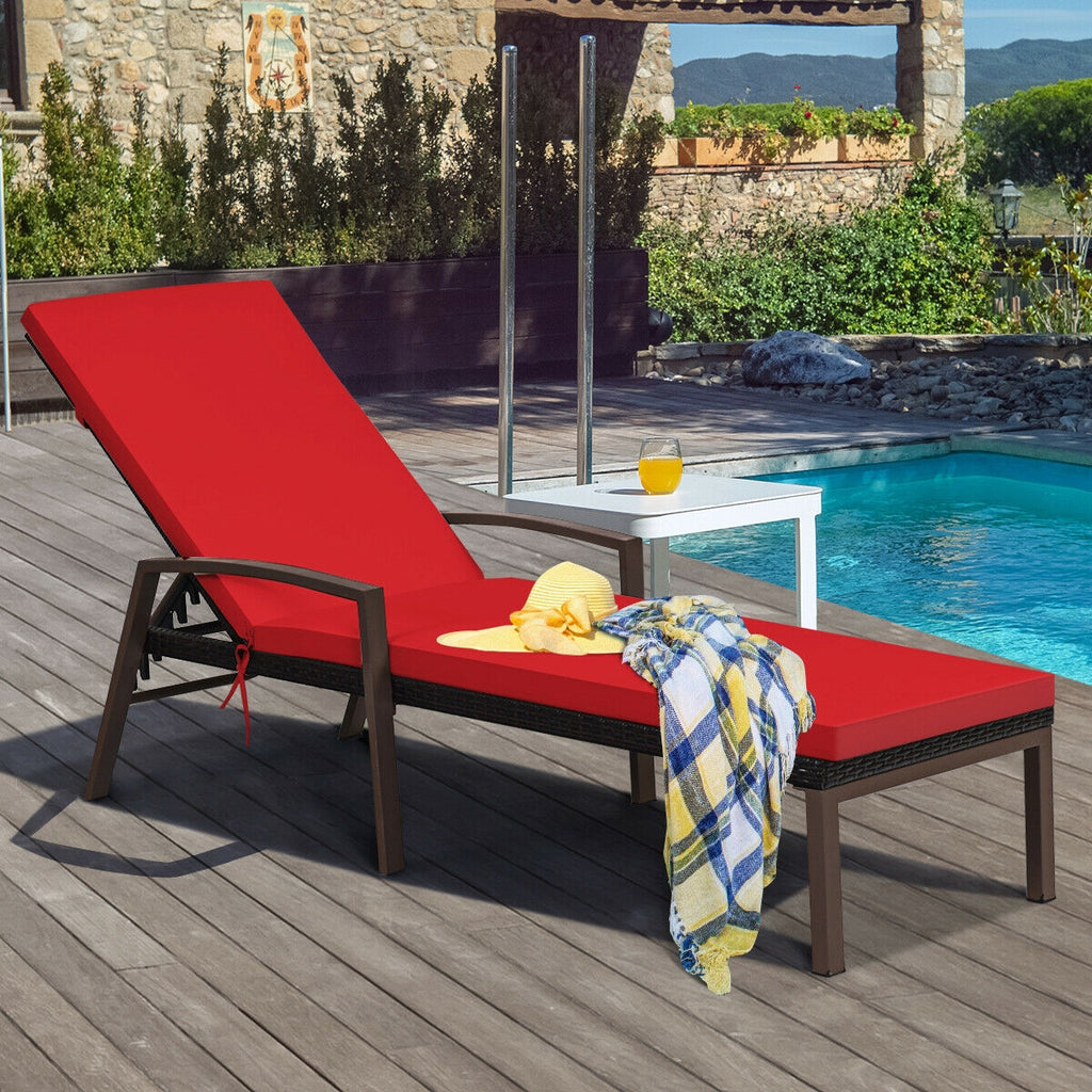 Patio Rattan Reclining Chaise Lounge Chair with Cushion – Red