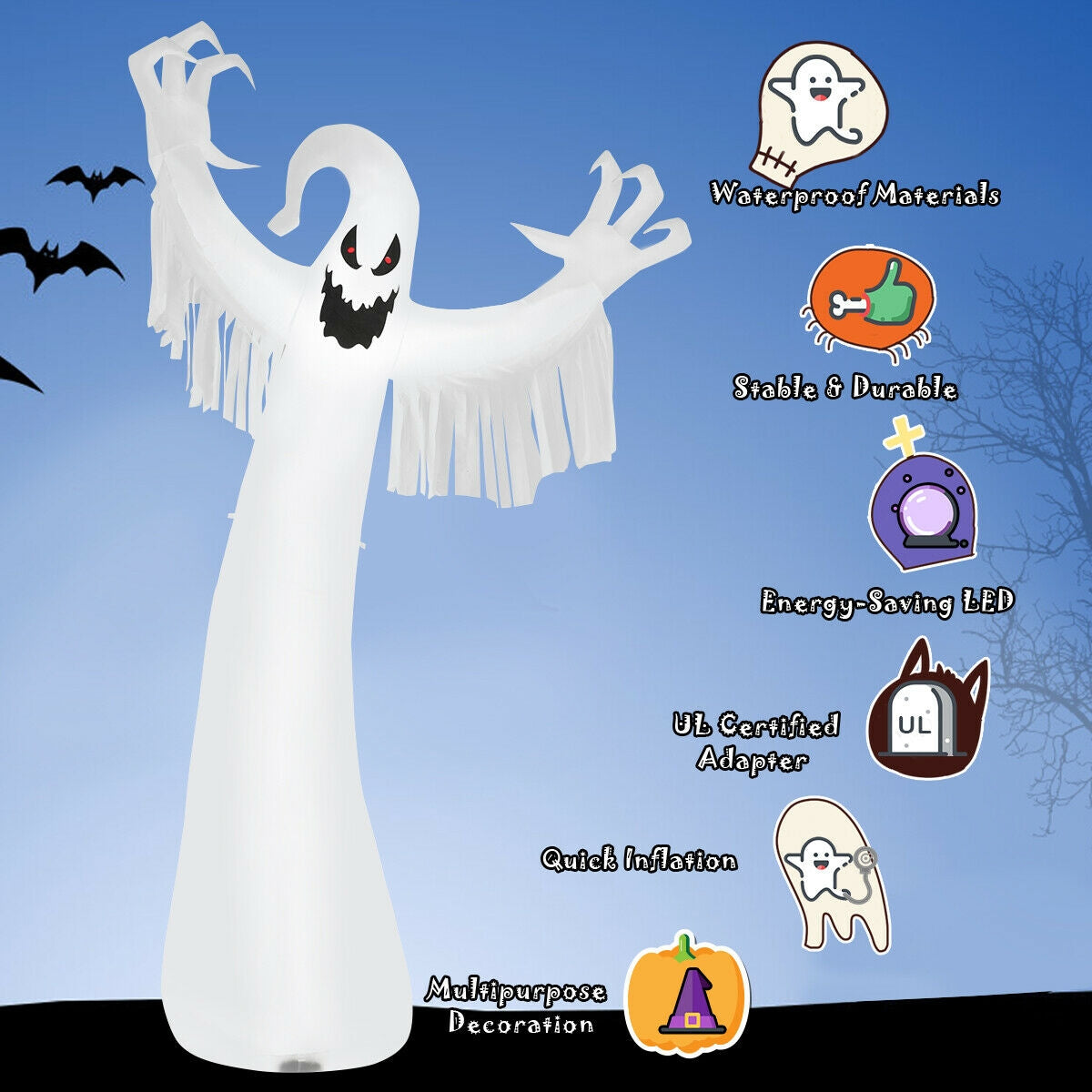 Cute Ghost Inflatable Halloween Decoration - 12 Feet with LED Lights & Blower - Variation of THIS Listing