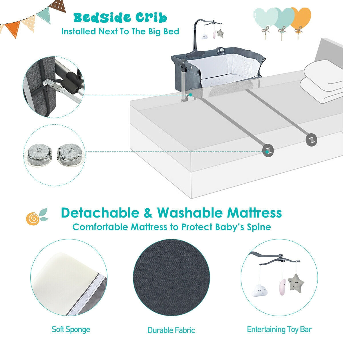 Height Adjustable Baby Side Crib with Music Box & Toys - Dark Gray