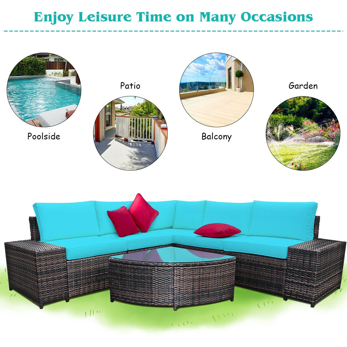 6 Piece Wicker Patio Sectional Sofa Set with Tempered Glass Coffee