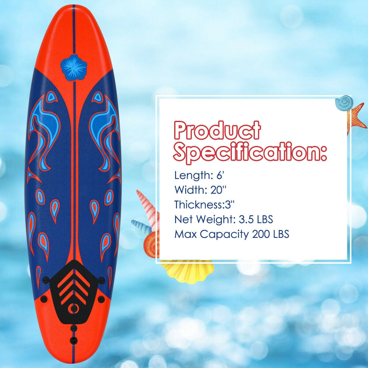 6 Feet Surfboard with Detachable Fins - Lightweight Body Board, Red - Costway