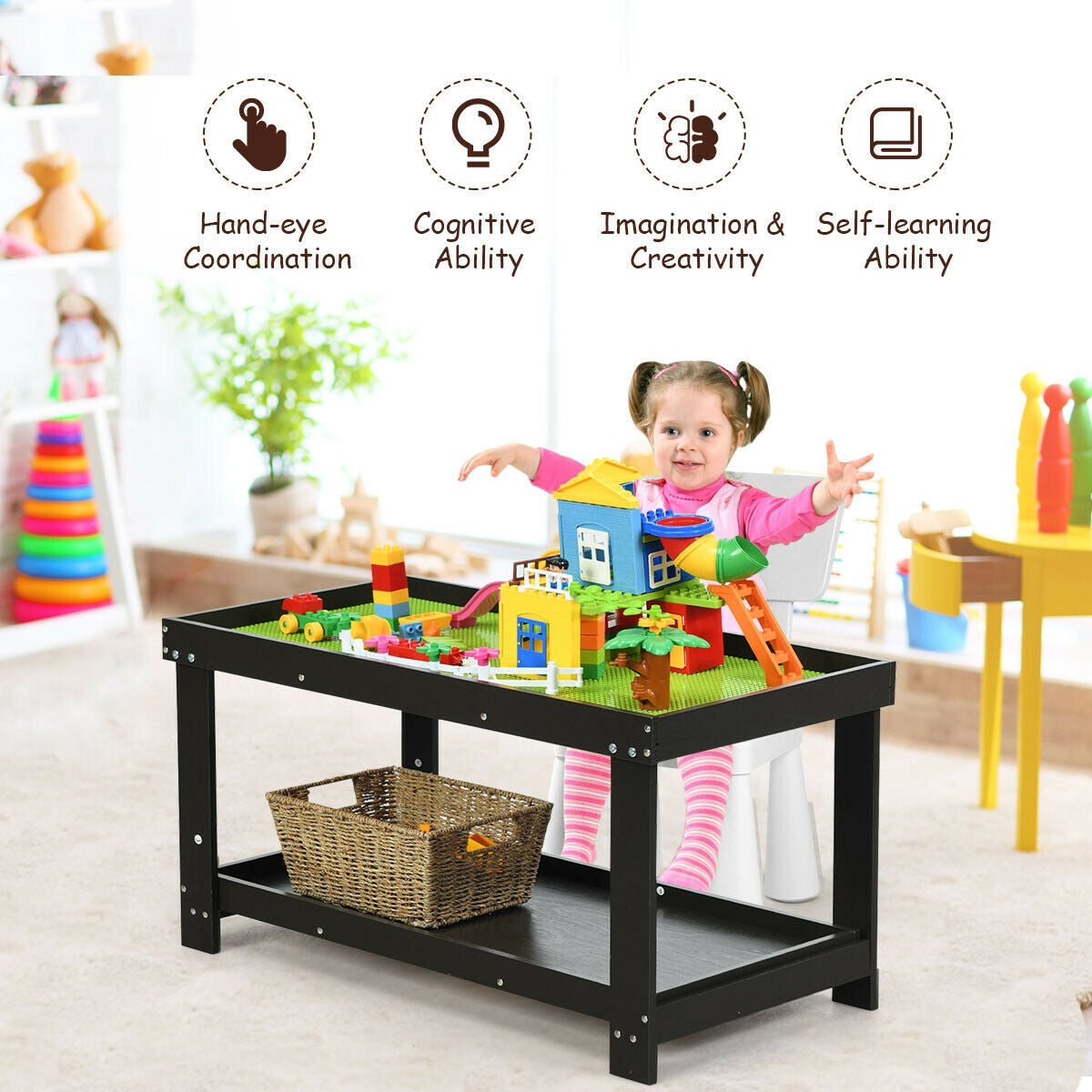 Building Brick Table - Dark Brown Kids Activity Play Table with Storage