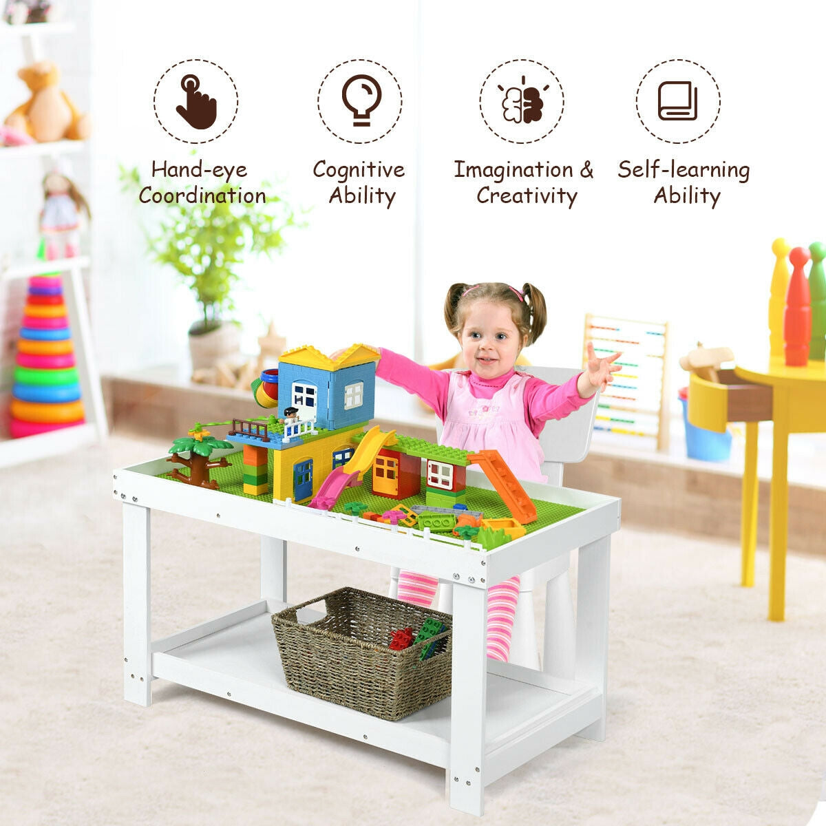 Kids Building Brick Play Table - White, Multifunctional Wooden Activity Table for Children