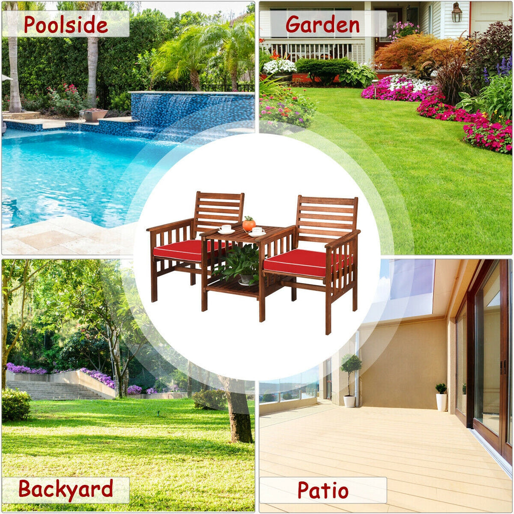 3-Piece Outdoor Loveseat Set with Coffee Table - Acacia Wood, Red