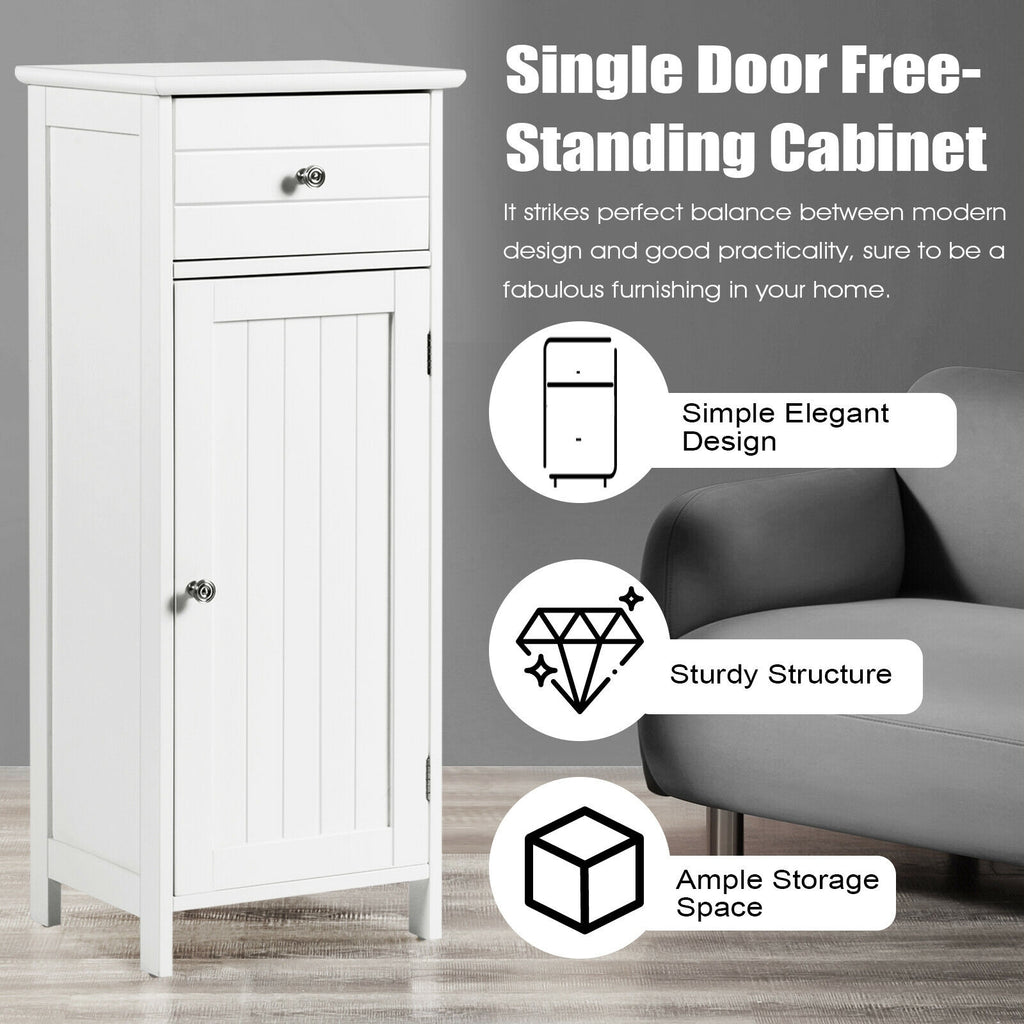 Wooden Bathroom Floor Storage Cabinet with Drawer and Adjustable Shelf