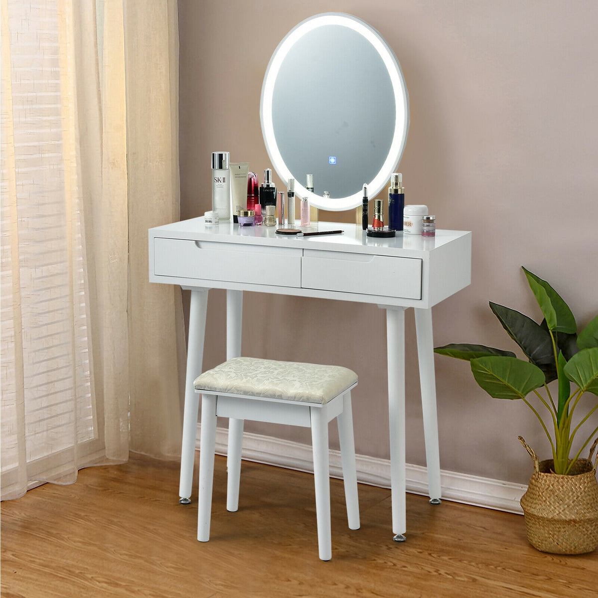 Lighted Makeup Vanity Table with Stool - White