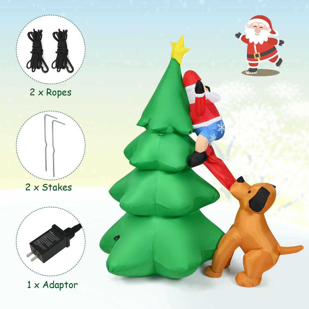 Outdoor Inflatable Christmas Tree with Santa and LED Lights - 6.5 Feet, Dog Chasing Santa Variation