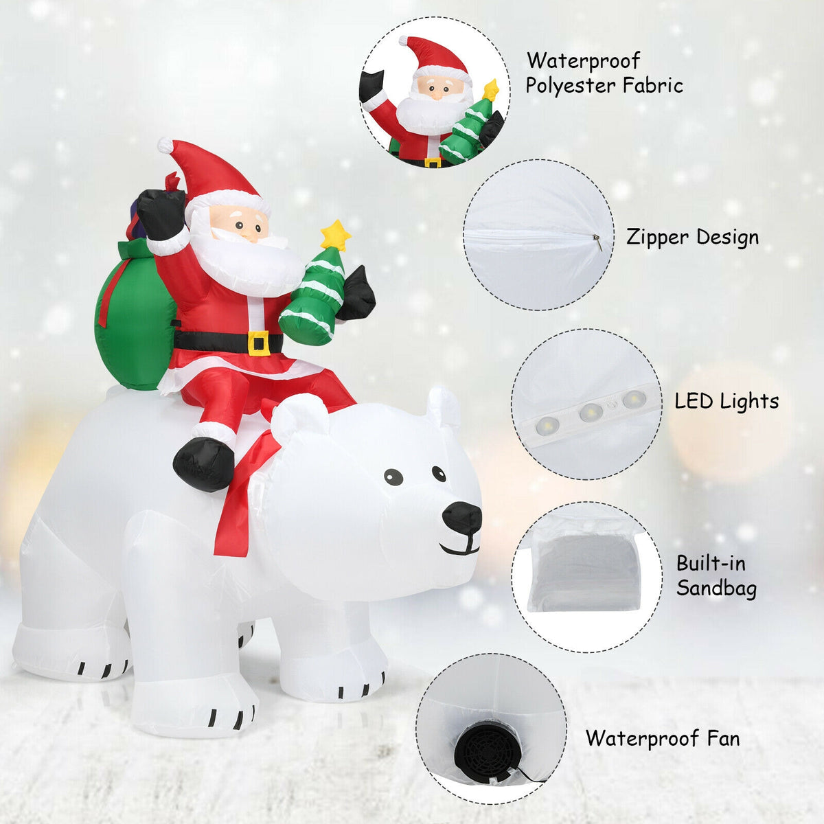 Christmas Inflatable Santa Riding Polar Bear with Shaking Head & LED Lights - 6.5 Feet - Variation: Santa Claus Riding White Bear