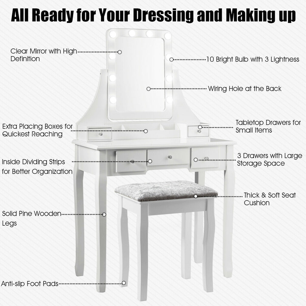 Dressing Table with 10 Dimmable Bulbs and Cushioned Stool, White