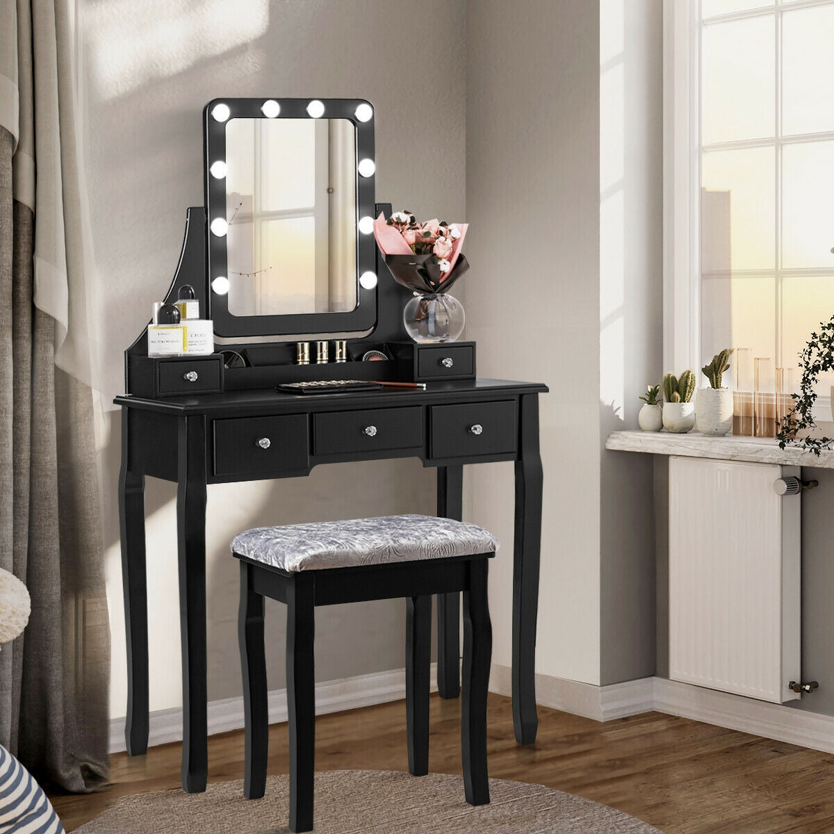 Dressing Table with 10 Dimmable Bulbs and Cushioned Stool - Black