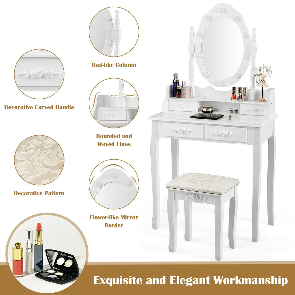 Makeup Vanity Dressing Table with Dimmable Bulbs & Stool - Round, White