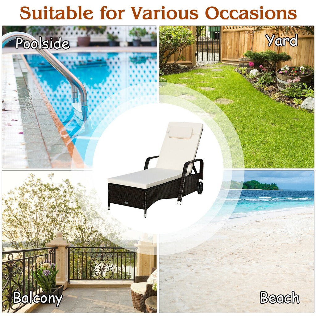 Patio Wicker Chaise Lounge Chair with Wheels - White