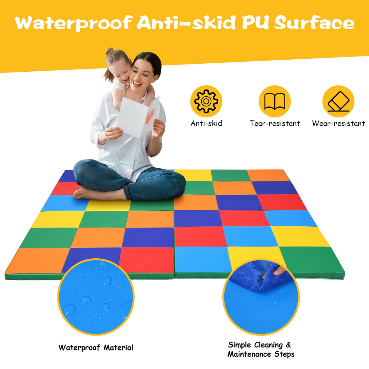 58 Inch Toddler Folding Play Mat - Multicolor Foam Baby Activity Floor Mat