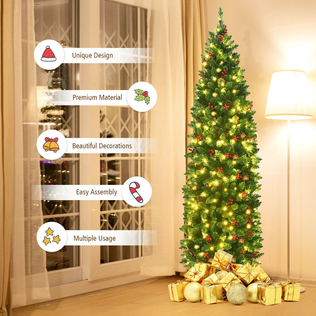 Pre-lit Artificial Christmas Tree 6.5Ft Slim Hinged Pencil Tree with Lights & Decorations