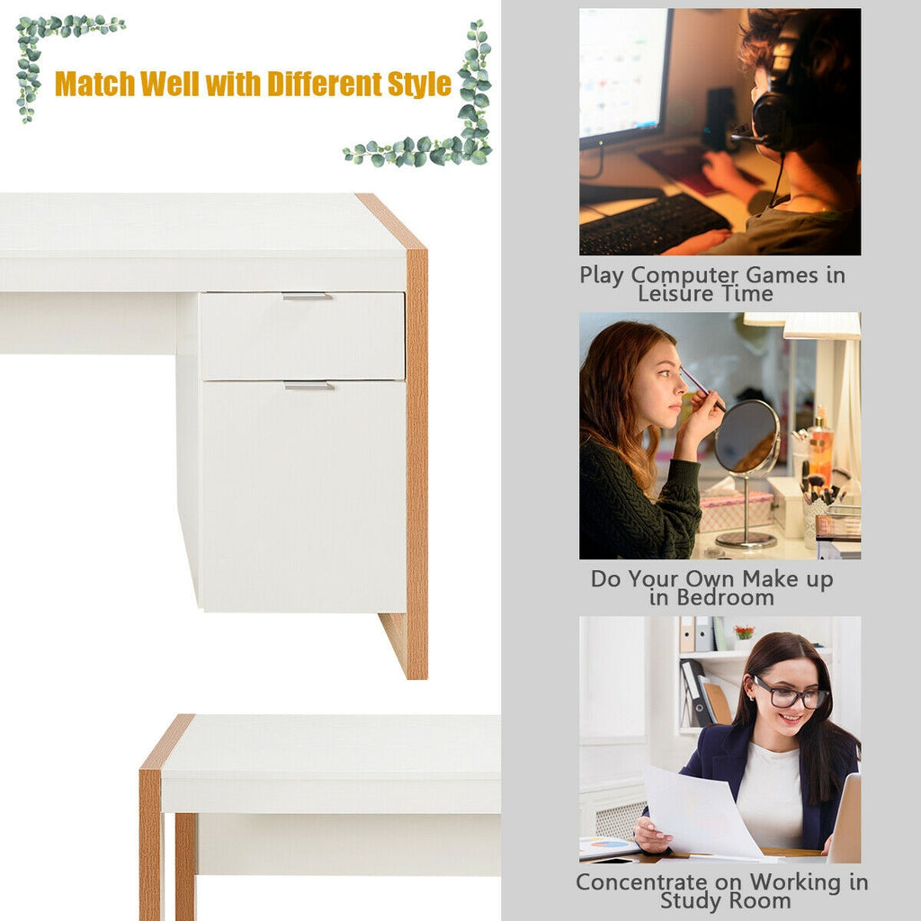 Modern Computer Desk with Storage Cabinet Drawer - White