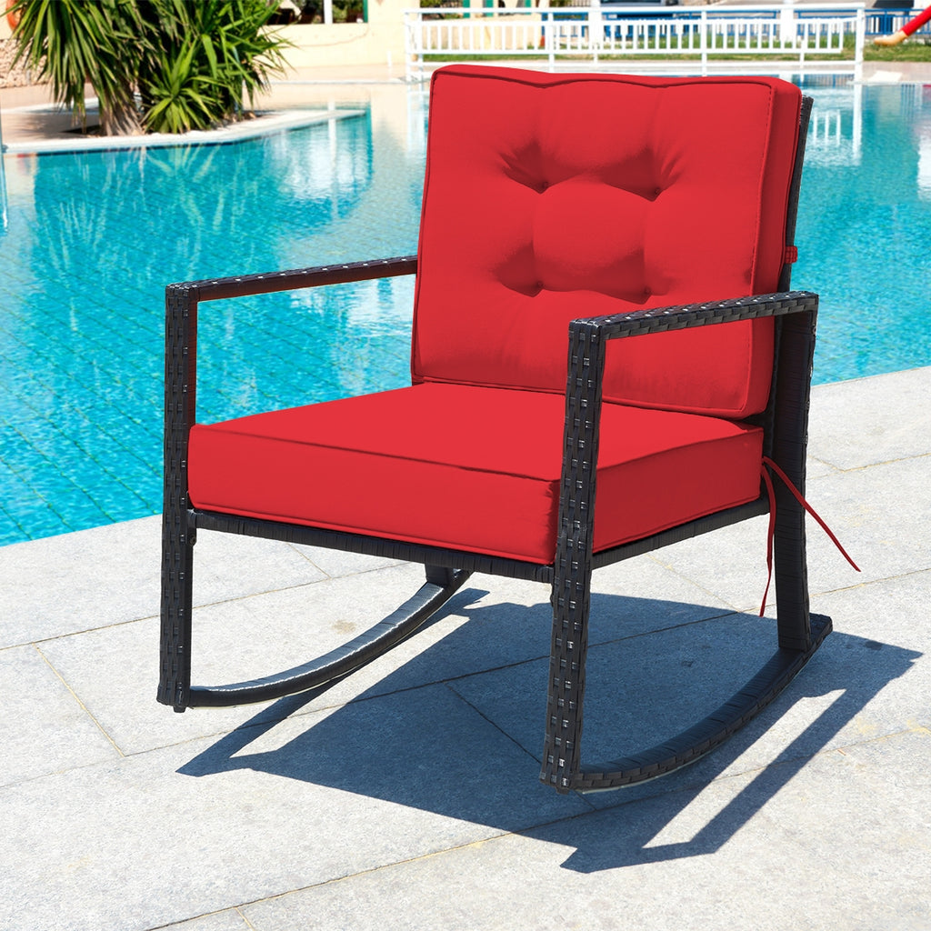 Rattan Rocking Chair with Cushion, Red