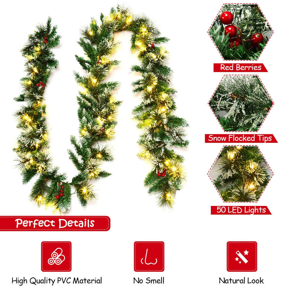 9 Feet Pre-lit Snow Flocked Christmas Garland with Red Berries - Indoor Outdoor Decor