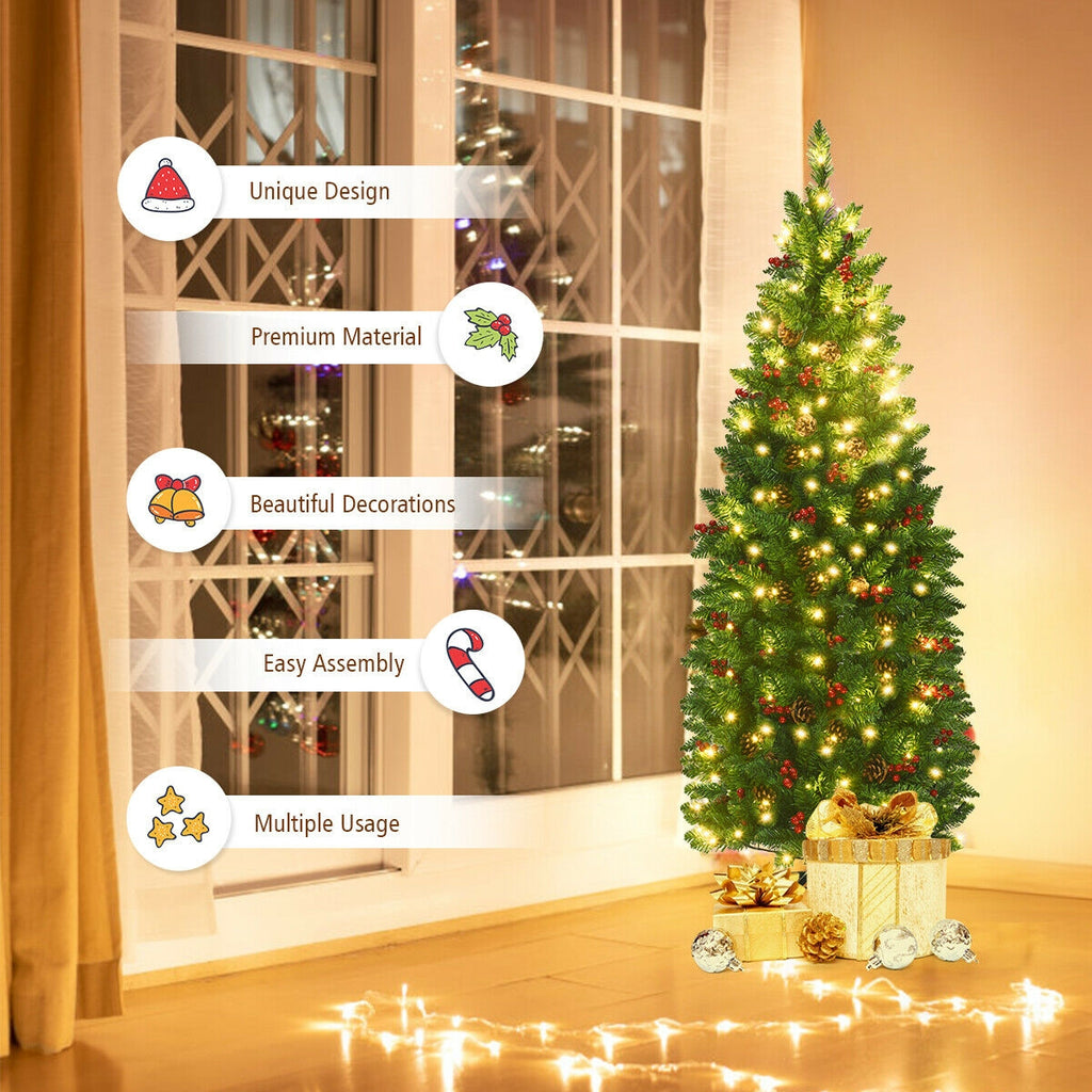 Pre-lit Hinged Pencil Christmas Tree with Pine Cones & Red Berries - 4.5 Feet