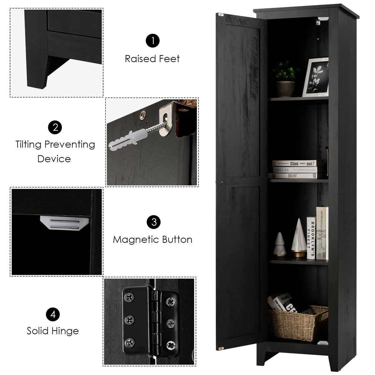 Tall Bathroom Storage Cabinet 4-Tier Black 72 Inch