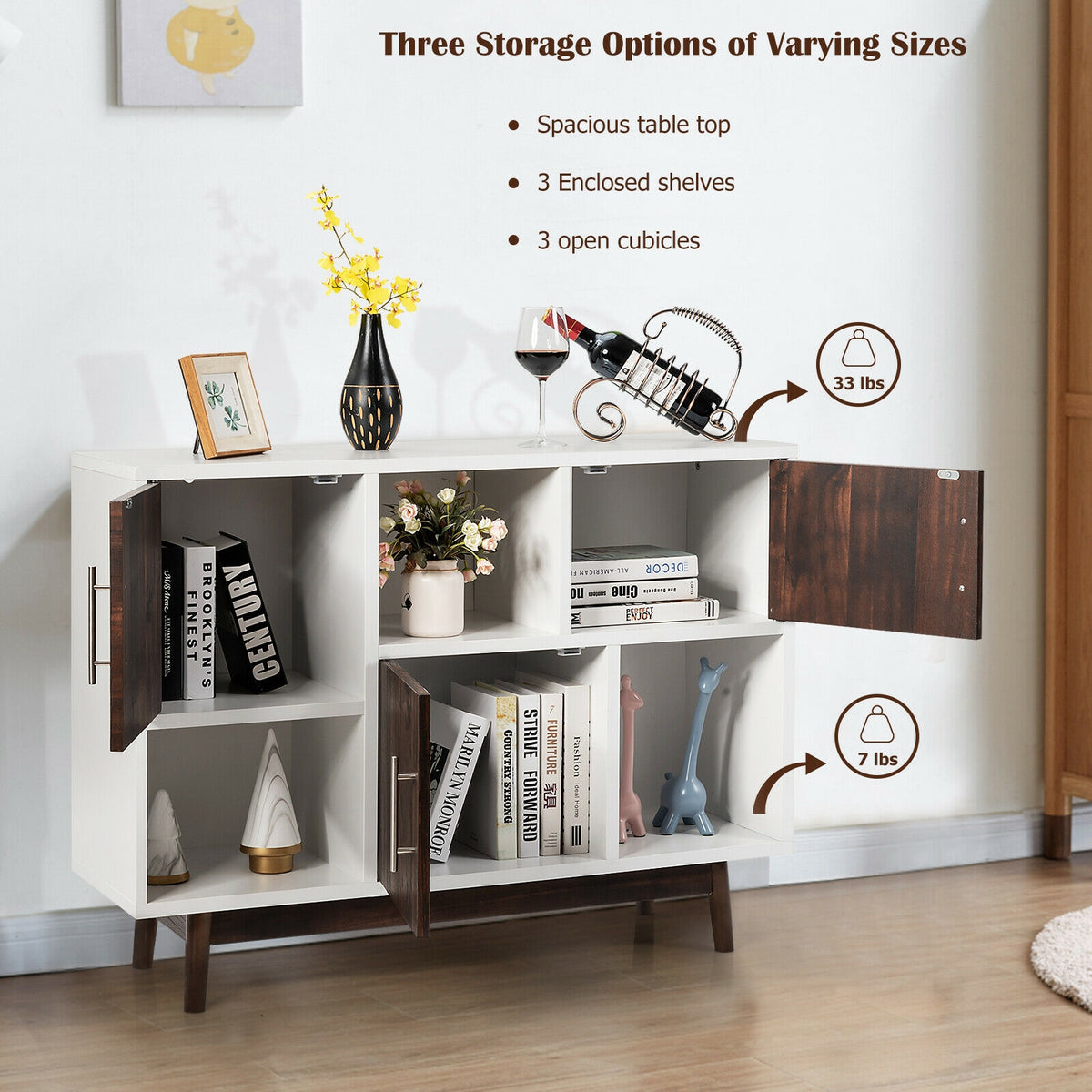 Wood Storage Sideboard Cabinet with 6 Compartments - Rustic Brown