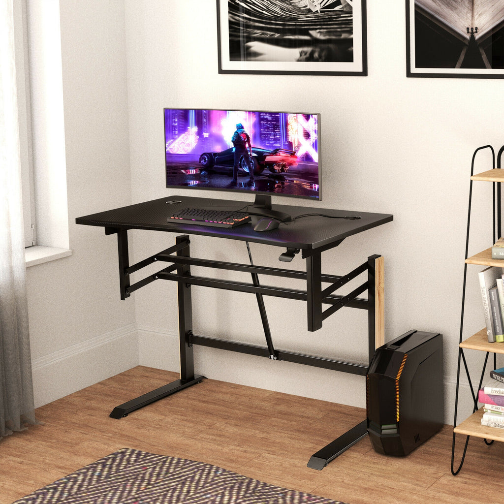 Pneumatic Height Adjustable Gaming Desk T Shaped - Black
