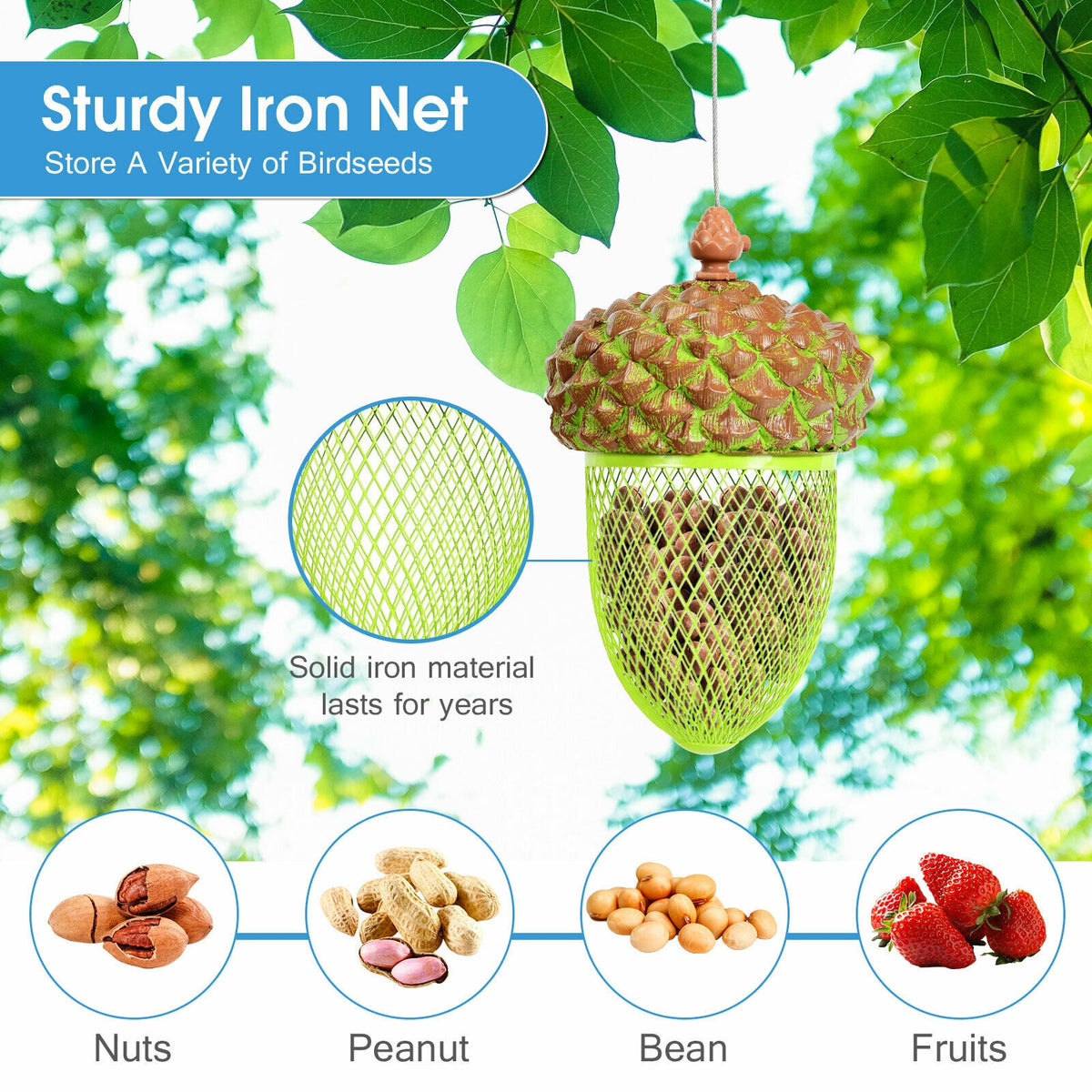 Metal Acorn Bird Feeder with Iron Mesh & Top Lid - Outdoor Hanging Food Dispenser, Brown