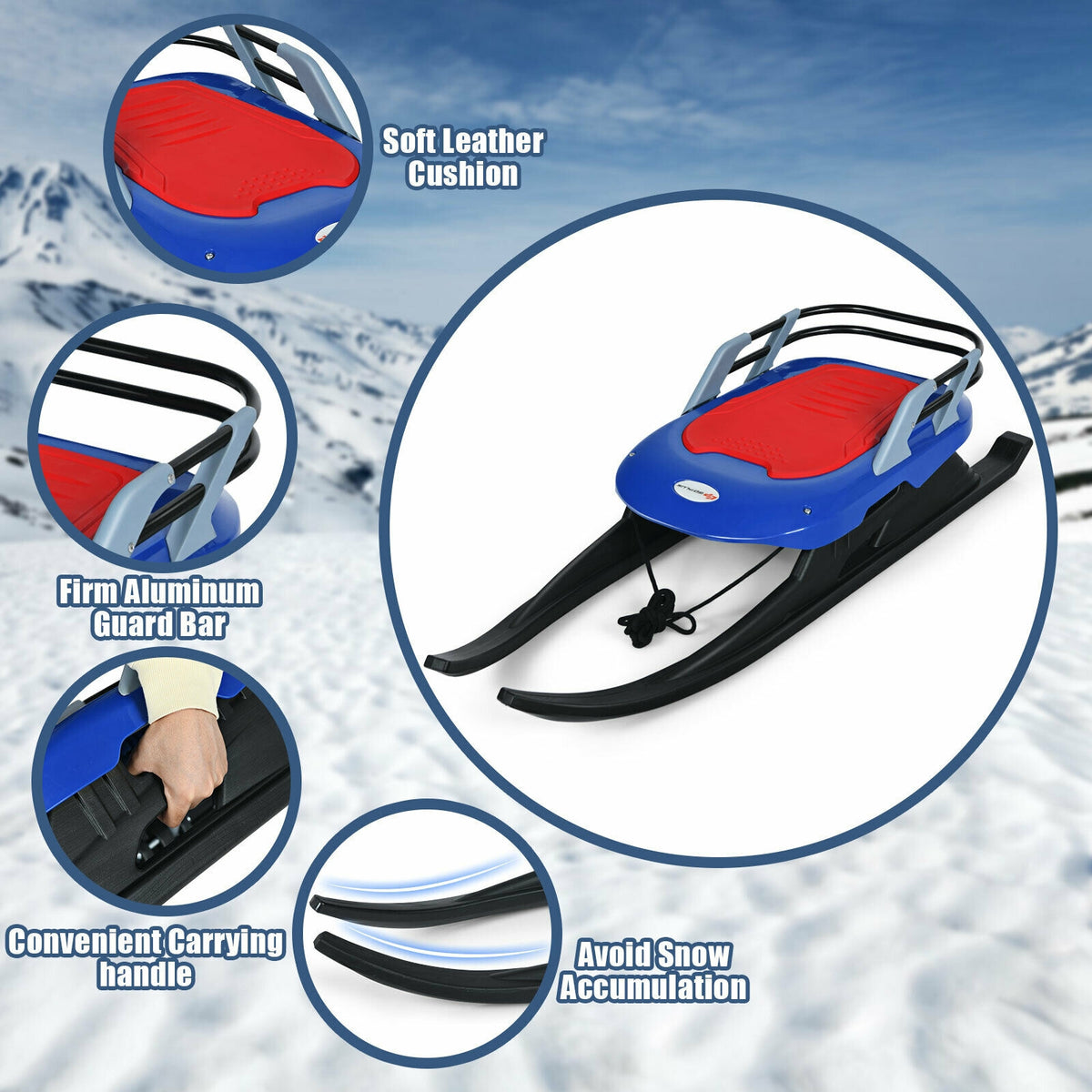 Kids' Folding Metal Snow Sled with Pull Rope and Leather Seat - Safe & Durable Winter Toy