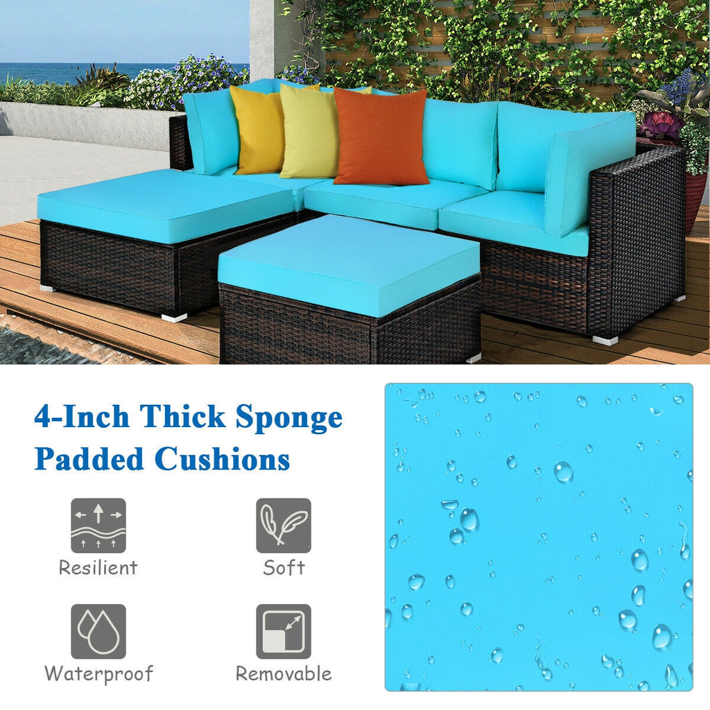 5-Piece Patio Sectional Sofa Set with Ottoman & Cushions - Blue