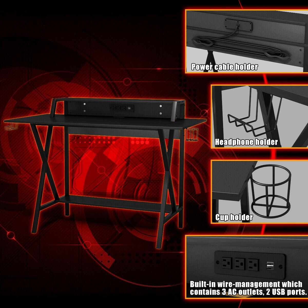 Gaming Desk with Monitor Shelf, Cup & Headphone Holder