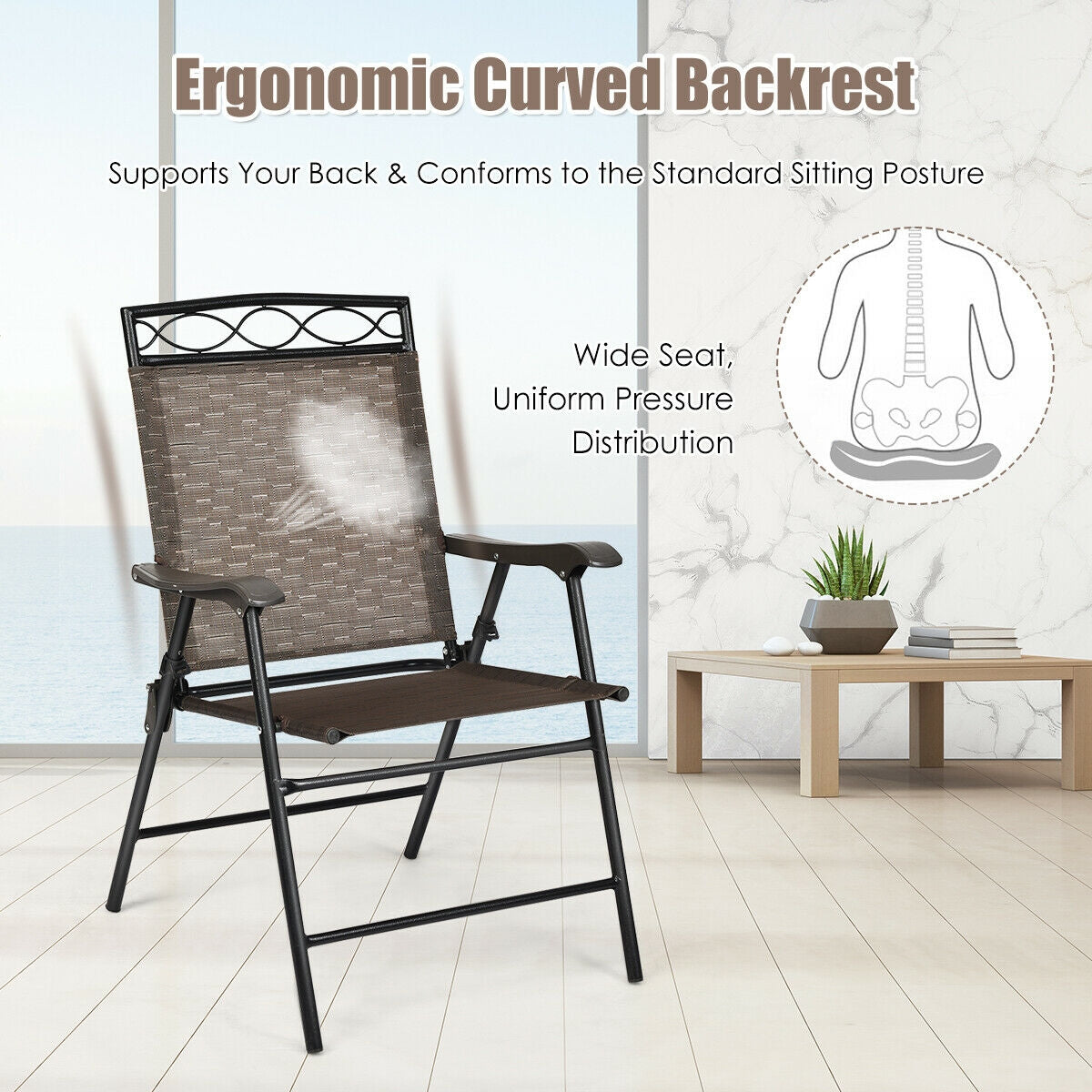 Set of 2 Patio Folding Chairs Sling Portable Dining Chair with Armrest