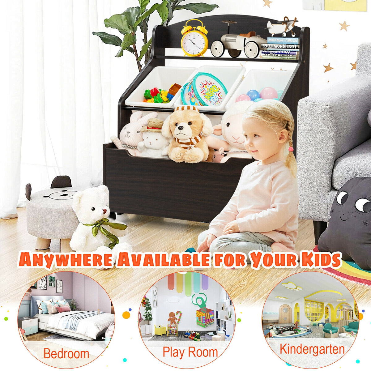 Kids Toy Storage Organizer with Rolling Toy Box and Plastic Bins - Dark Brown