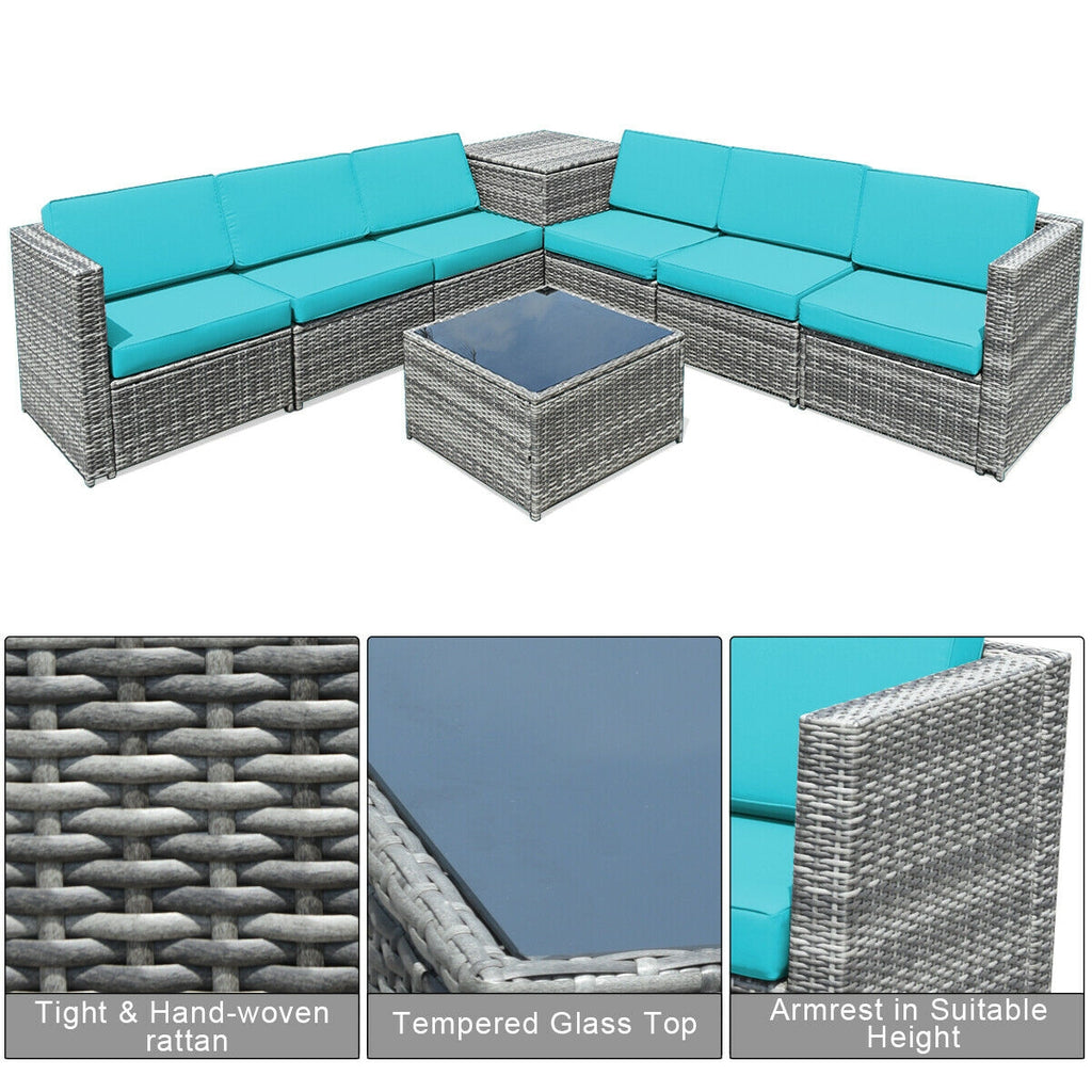 8-Piece Rattan Sofa Set with Storage Table - Gray & Turquoise