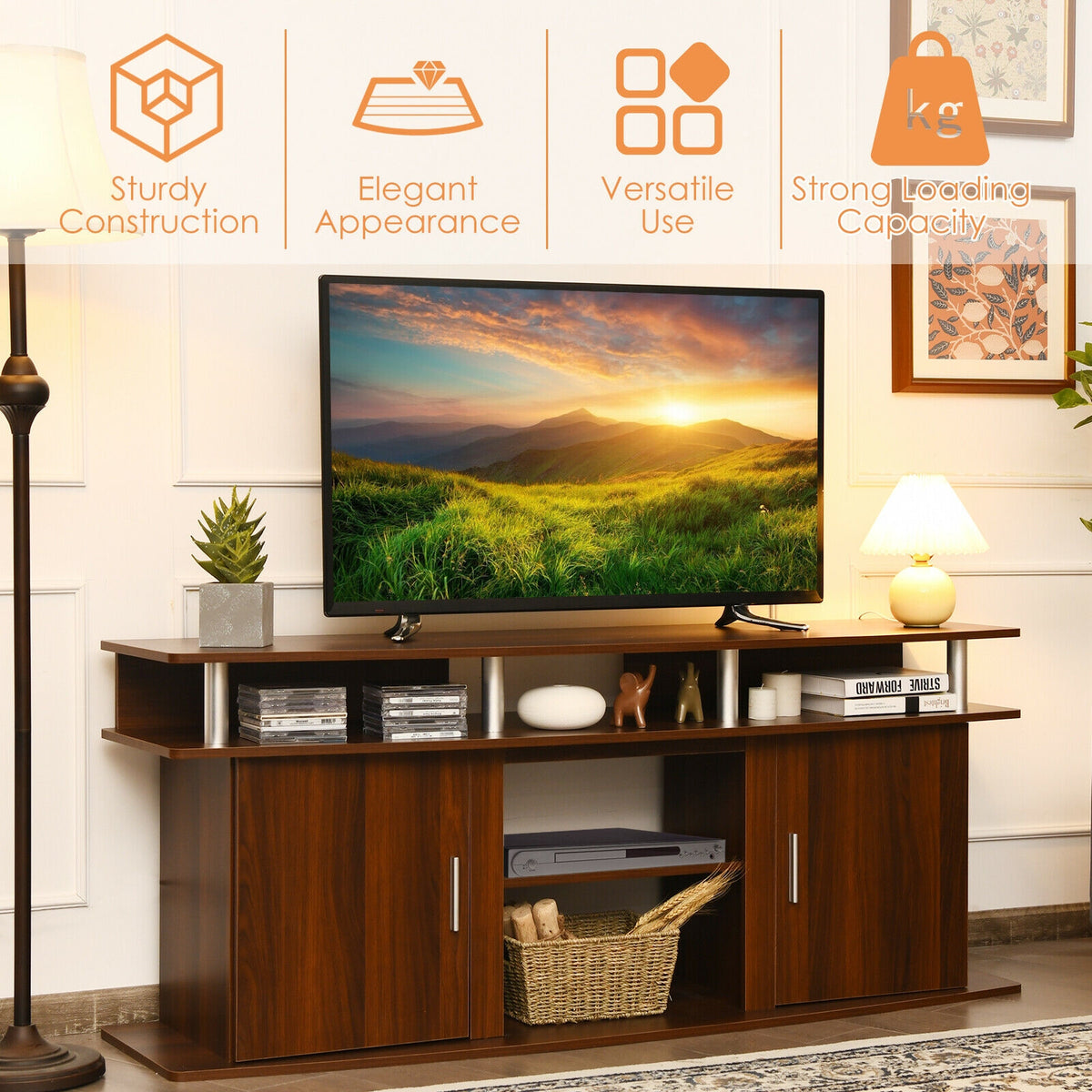 TV Entertainment Console for 70" TV with Fireplace - Walnut