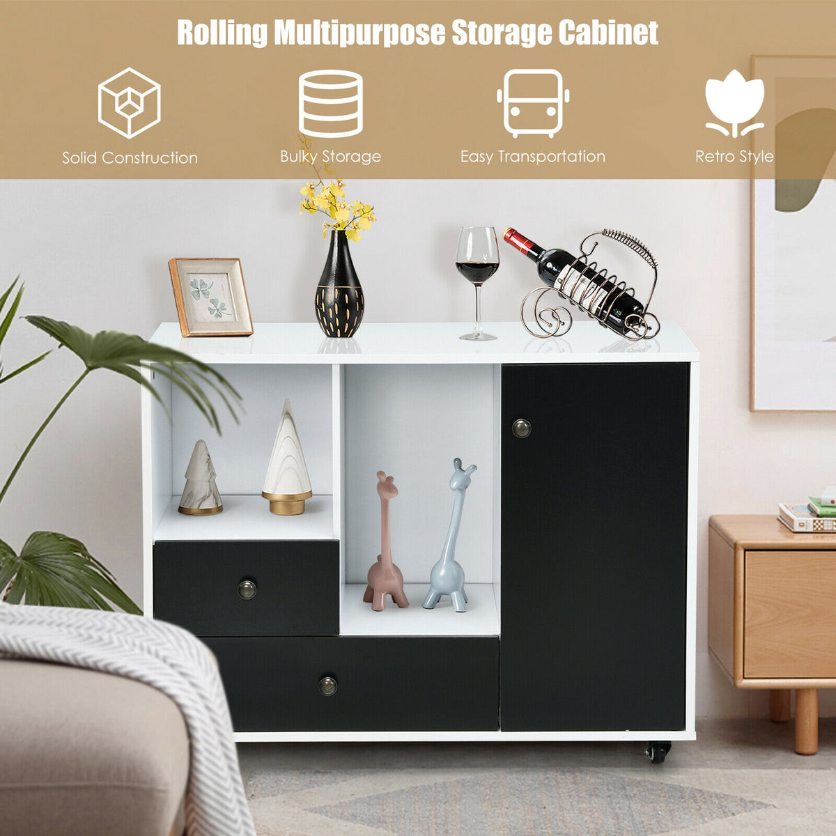 Lateral Mobile Filing Cabinet 2-Drawer - Round Knob Black