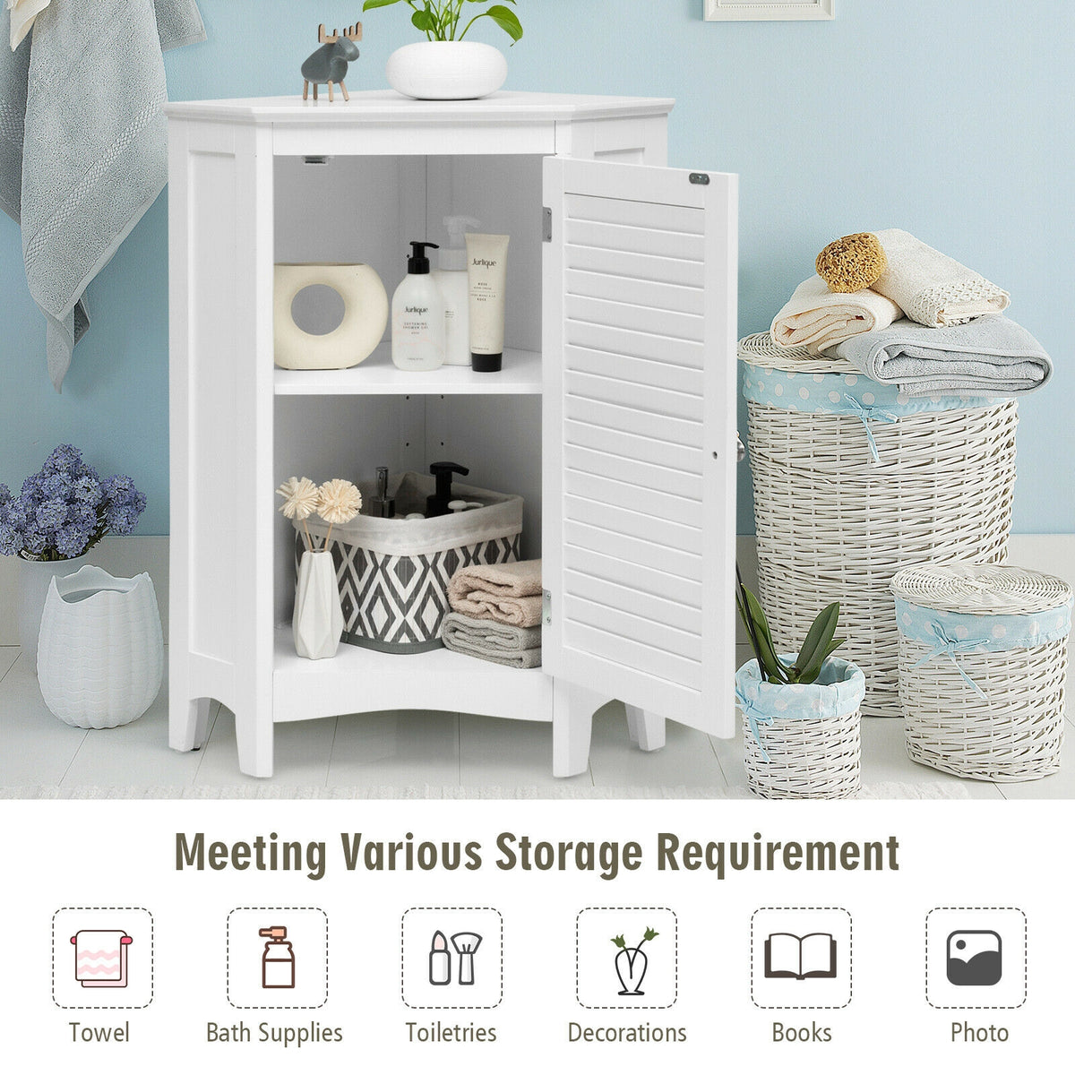 Corner Storage Cabinet with Shutter Door - White